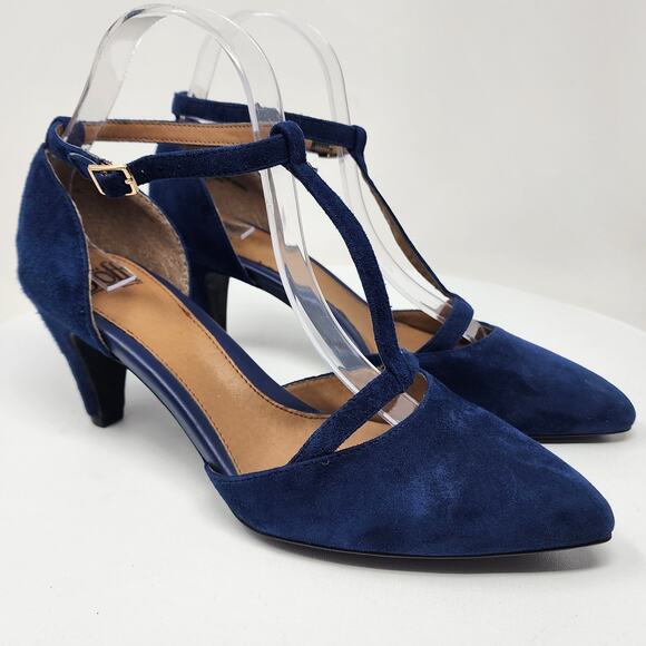 Sofft Shoes - Sofft T-Strap Pumps Women 9M Blue Suede Pointed Toe Ankle Strap Heels 1540527